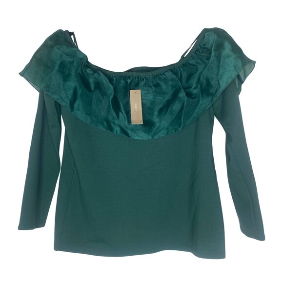 J. Crew Top Womens Size M Green Off-The-Shoulder Satin Ruffle Long Sleeve Dressy - Picture 1 of 10